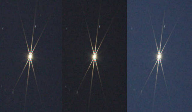 Three star images through a Bahtinov mask with the centre diffraction spike off-centre and centred