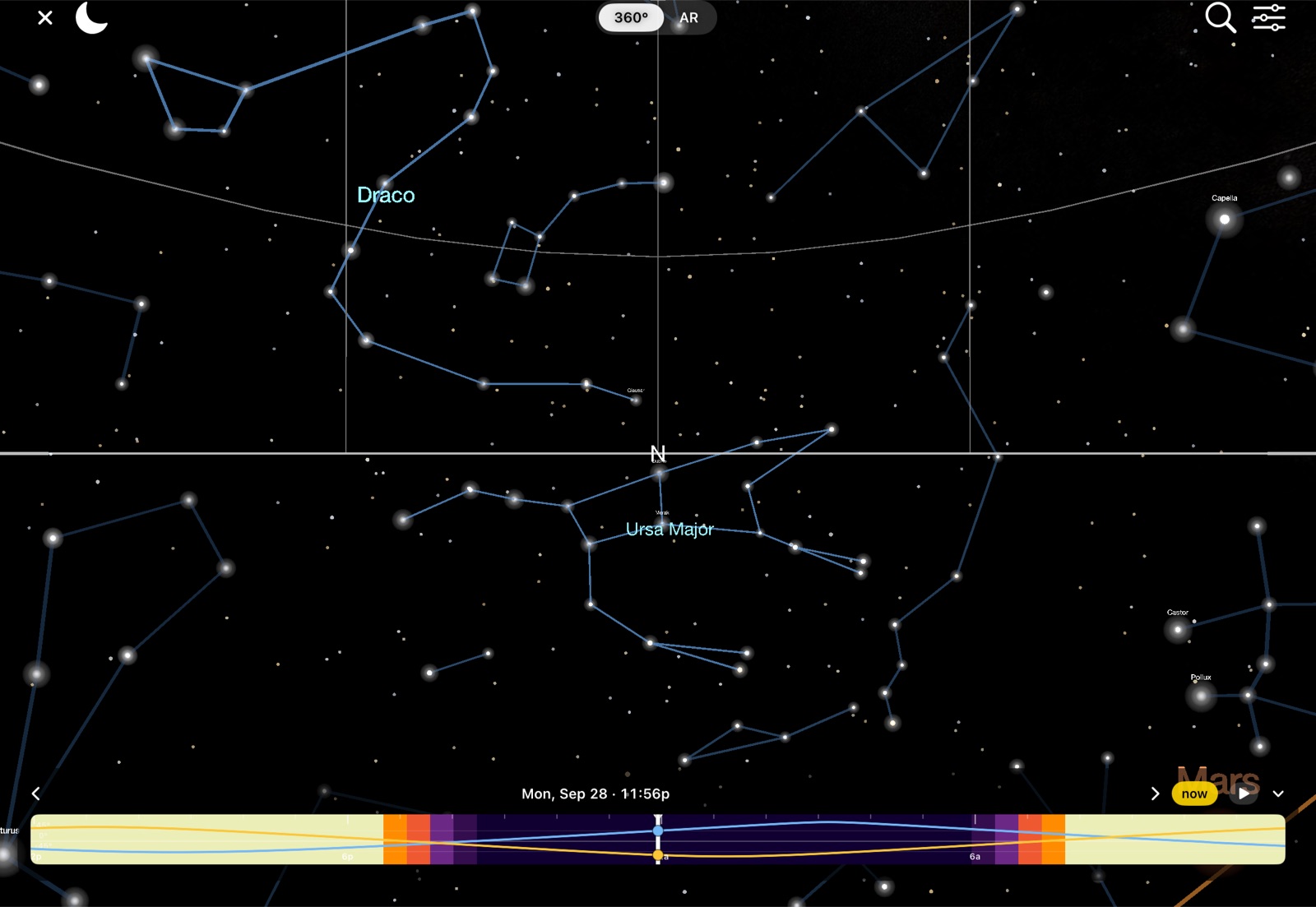 360° sky on iPad with Ursa Major and Draco drawn and a timeline at the bottom