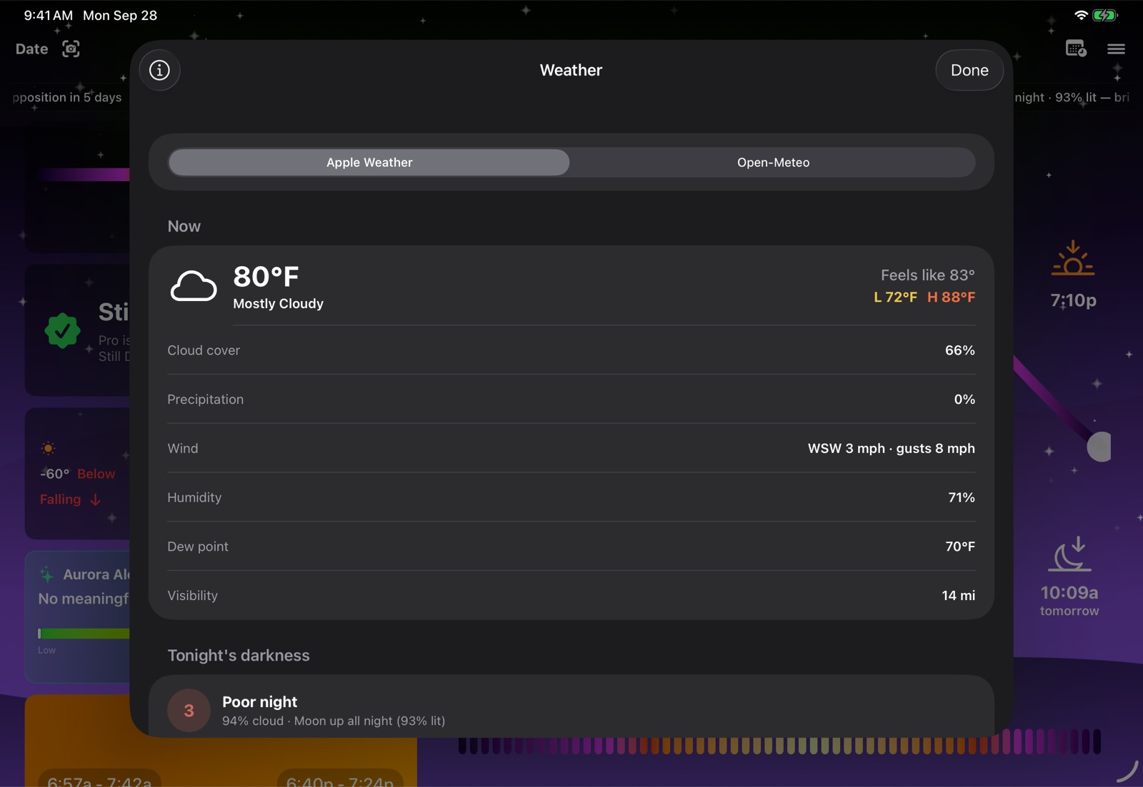 Weather on iPad: temperature, cloud cover, wind, humidity and dew point