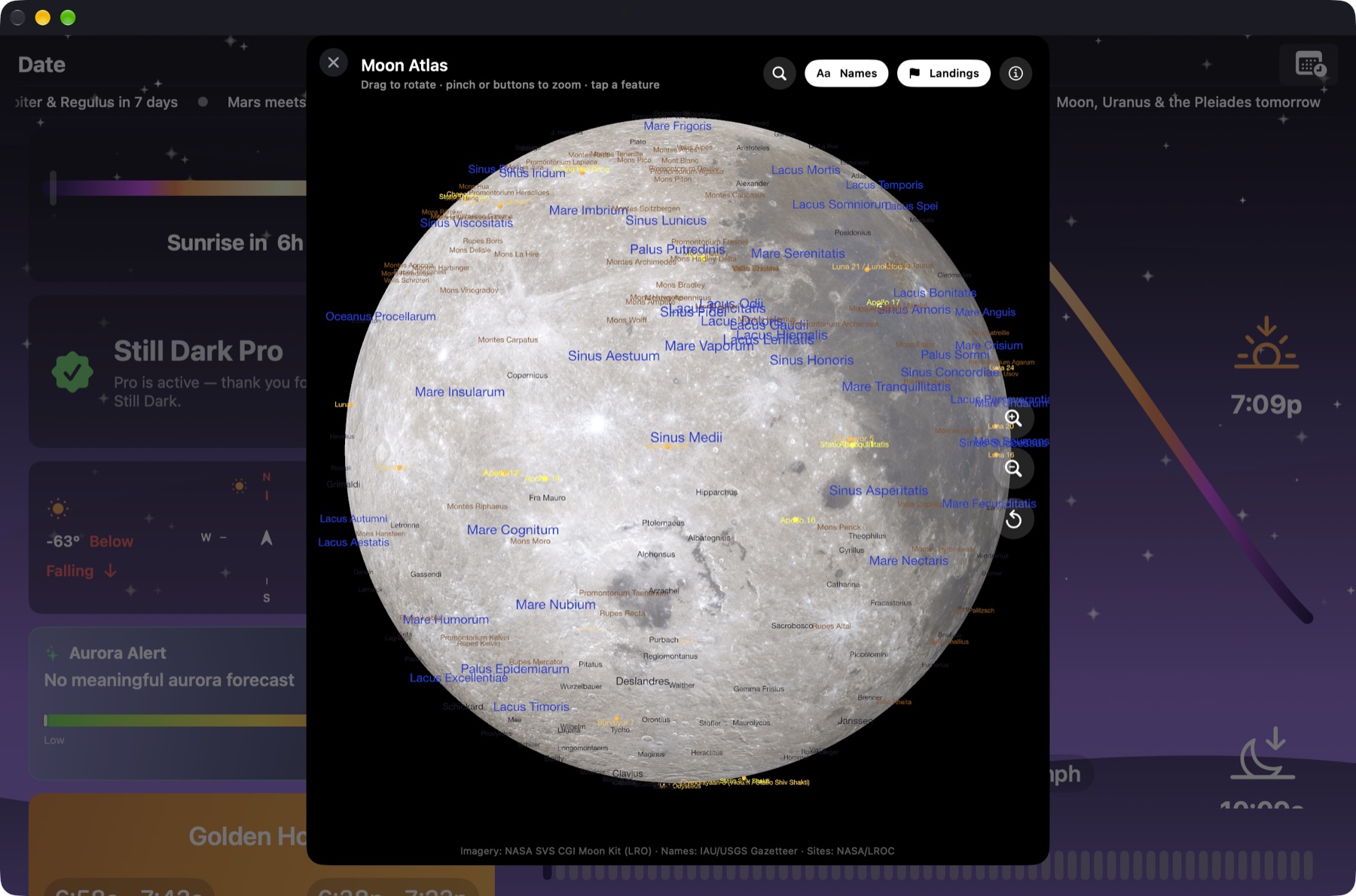 Moon Atlas on Mac: a Moon globe with named seas, craters and landing sites