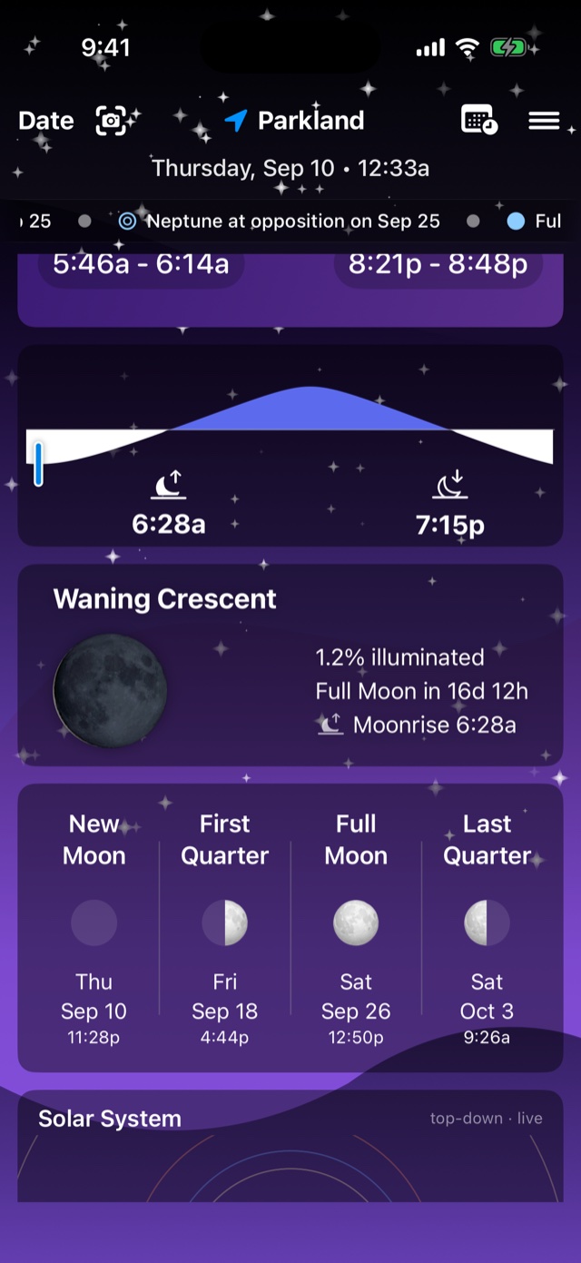 Moon card with altitude curve and next phases