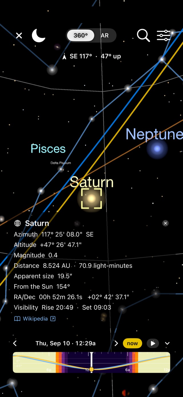 Saturn selected in the 360° sky